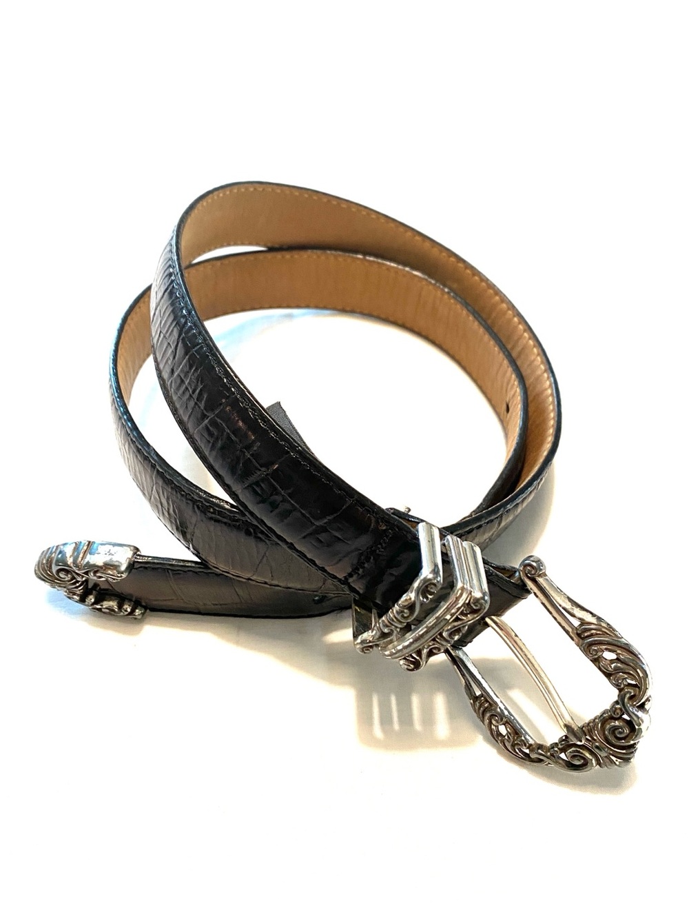 Vintage Brighton Black Croc Embossed Belt Silver Western Buckle M/L 32